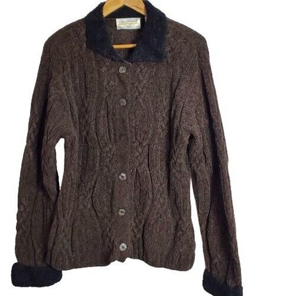 Vintage Y2K Lisa Nichols Cable Knit Wool Blend Button Up Brown Black Cardigan XL - Picture 1 of 9